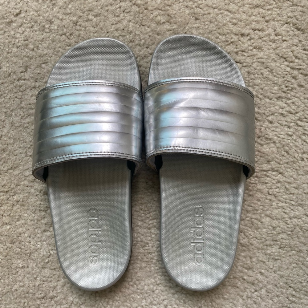 Adidas Women Adilette Metallic Silver Slides (size 5-6)